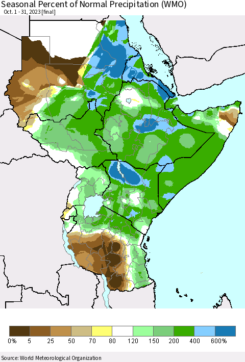 Eastern Africa Seasonal Percent of Normal Precipitation (WMO) Thematic Map For 10/1/2023 - 10/31/2023