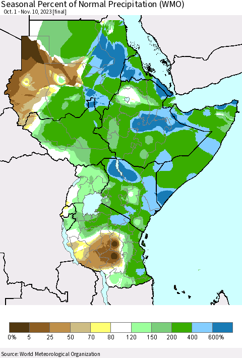Eastern Africa Seasonal Percent of Normal Precipitation (WMO) Thematic Map For 10/1/2023 - 11/10/2023
