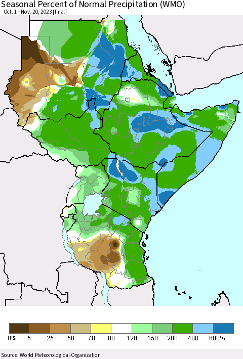 Eastern Africa Seasonal Percent of Normal Precipitation (WMO) Thematic Map For 10/1/2023 - 11/20/2023