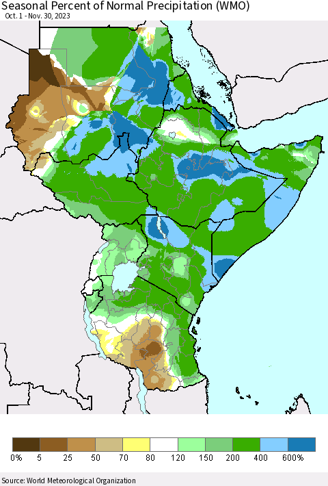 Eastern Africa Seasonal Percent of Normal Precipitation (WMO) Thematic Map For 10/1/2023 - 11/30/2023