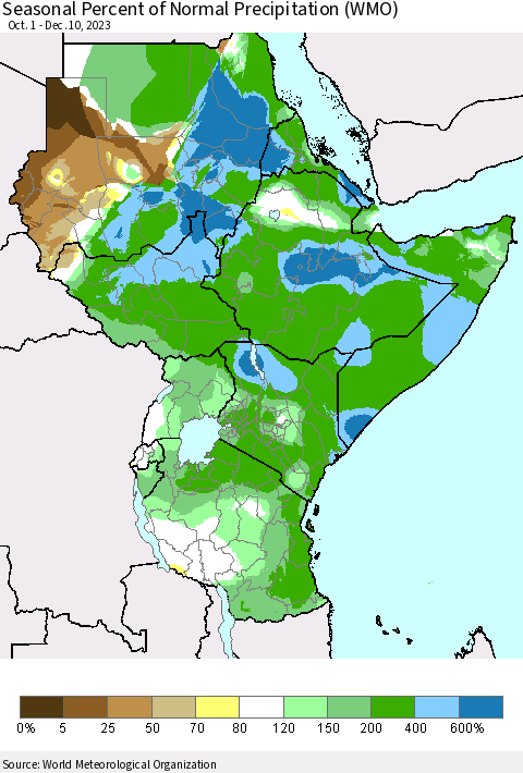 Eastern Africa Seasonal Percent of Normal Precipitation (WMO) Thematic Map For 10/1/2023 - 12/10/2023