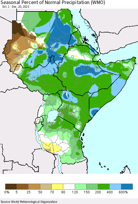 Eastern Africa Seasonal Percent of Normal Precipitation (WMO) Thematic Map For 10/1/2023 - 12/20/2023
