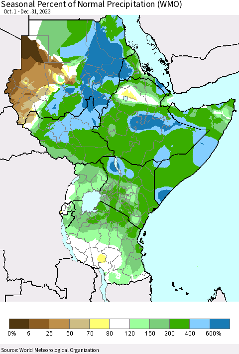 Eastern Africa Seasonal Percent of Normal Precipitation (WMO) Thematic Map For 10/1/2023 - 12/31/2023