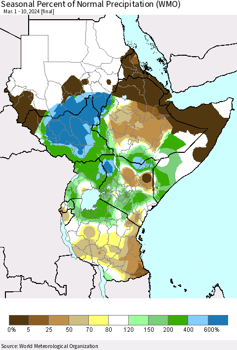 Eastern Africa Seasonal Percent of Normal Precipitation (WMO) Thematic Map For 3/1/2024 - 3/10/2024