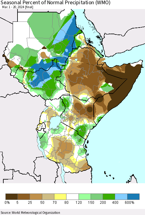 Eastern Africa Seasonal Percent of Normal Precipitation (WMO) Thematic Map For 3/1/2024 - 3/20/2024