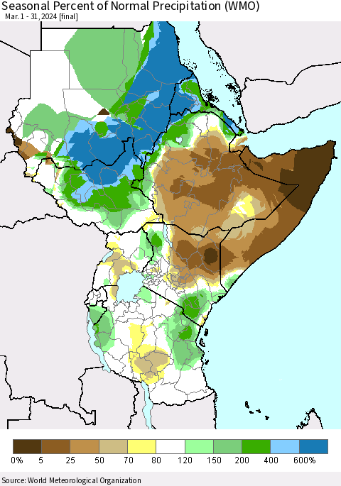 Eastern Africa Seasonal Percent of Normal Precipitation (WMO) Thematic Map For 3/1/2024 - 3/31/2024