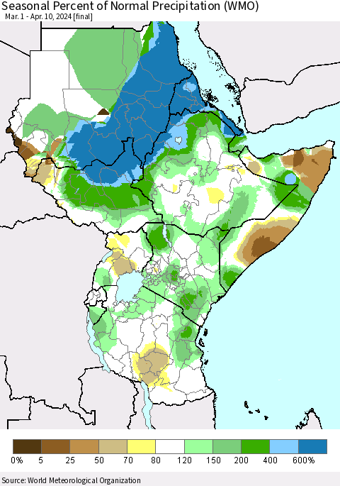 Eastern Africa Seasonal Percent of Normal Precipitation (WMO) Thematic Map For 3/1/2024 - 4/10/2024