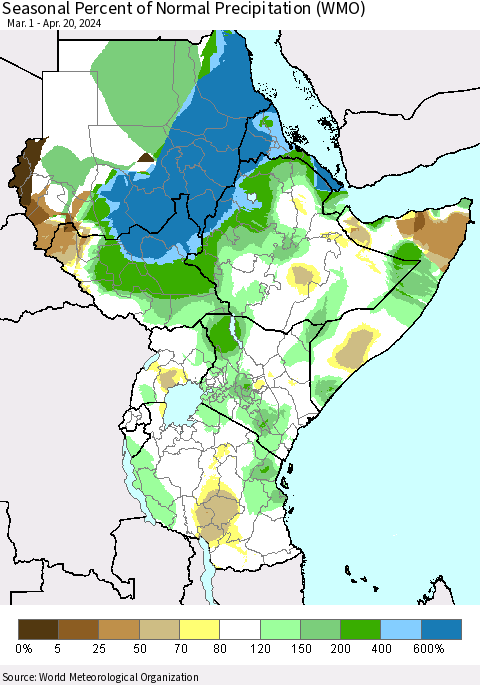 Eastern Africa Seasonal Percent of Normal Precipitation (WMO) Thematic Map For 3/1/2024 - 4/20/2024