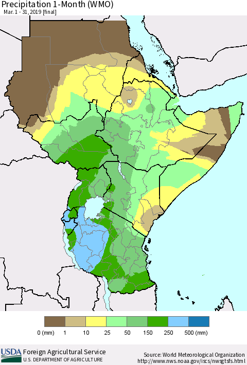 Eastern Africa Precipitation 1-Month (WMO) Thematic Map For 3/1/2019 - 3/31/2019