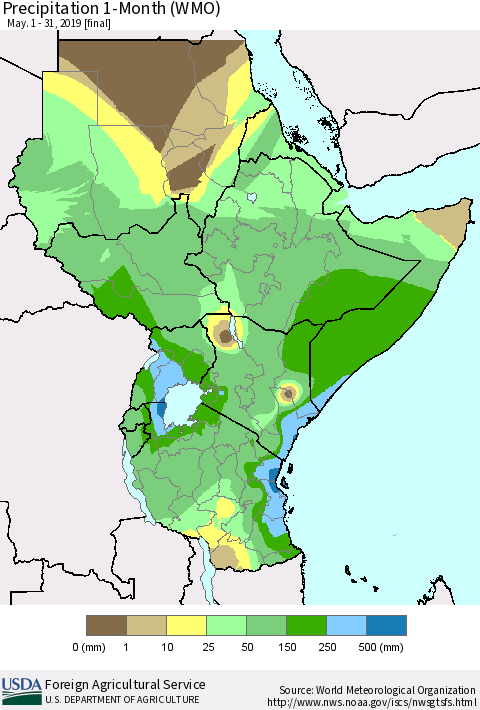 Eastern Africa Precipitation 1-Month (WMO) Thematic Map For 5/1/2019 - 5/31/2019