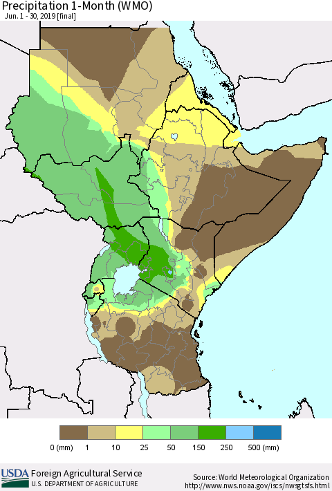 Eastern Africa Precipitation 1-Month (WMO) Thematic Map For 6/1/2019 - 6/30/2019