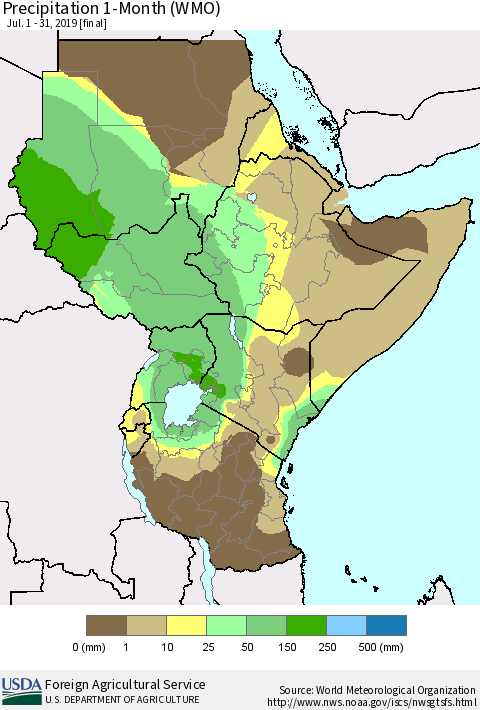 Eastern Africa Precipitation 1-Month (WMO) Thematic Map For 7/1/2019 - 7/31/2019