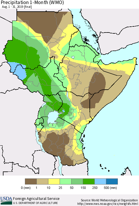 Eastern Africa Precipitation 1-Month (WMO) Thematic Map For 8/1/2019 - 8/31/2019