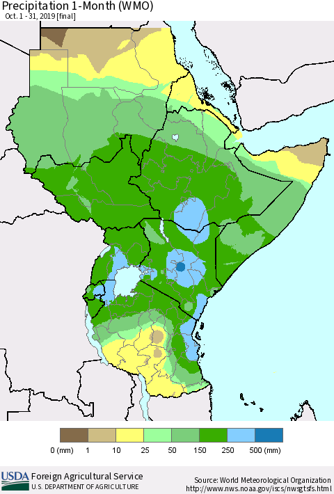 Eastern Africa Precipitation 1-Month (WMO) Thematic Map For 10/1/2019 - 10/31/2019
