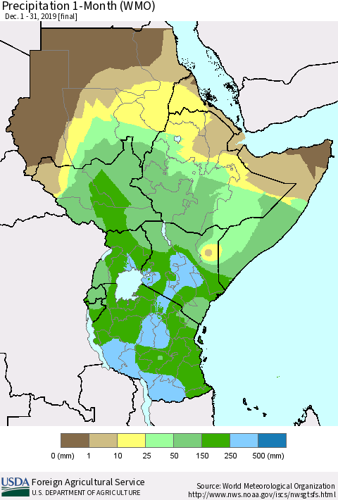 Eastern Africa Precipitation 1-Month (WMO) Thematic Map For 12/1/2019 - 12/31/2019
