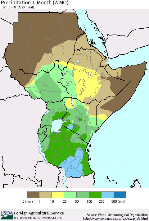 Eastern Africa Precipitation 1-Month (WMO) Thematic Map For 1/1/2020 - 1/31/2020