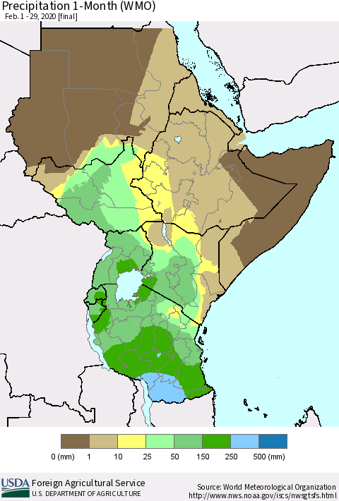 Eastern Africa Precipitation 1-Month (WMO) Thematic Map For 2/1/2020 - 2/29/2020
