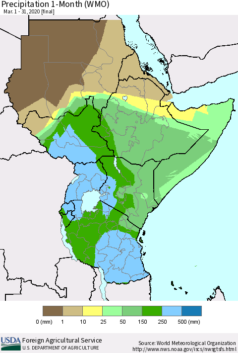 Eastern Africa Precipitation 1-Month (WMO) Thematic Map For 3/1/2020 - 3/31/2020
