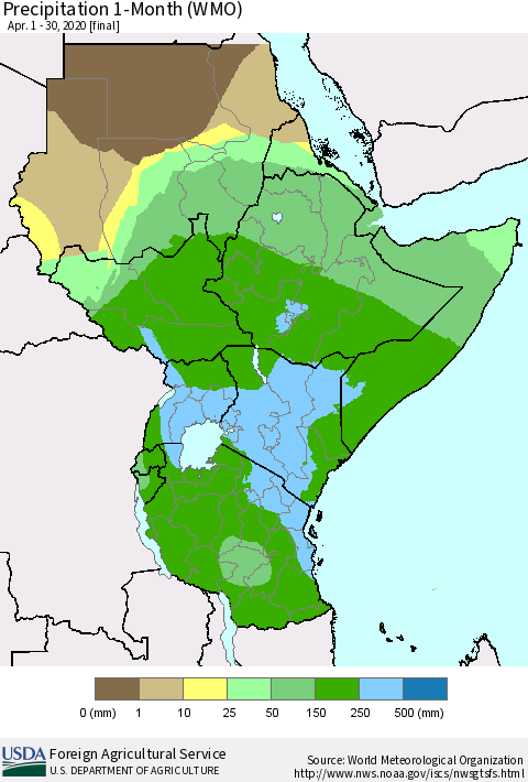 Eastern Africa Precipitation 1-Month (WMO) Thematic Map For 4/1/2020 - 4/30/2020
