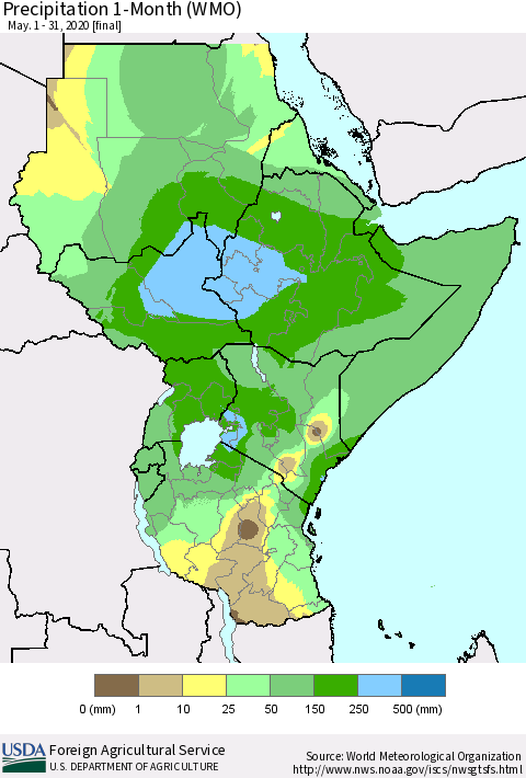 Eastern Africa Precipitation 1-Month (WMO) Thematic Map For 5/1/2020 - 5/31/2020