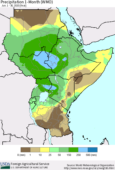 Eastern Africa Precipitation 1-Month (WMO) Thematic Map For 6/1/2020 - 6/30/2020
