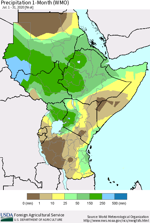 Eastern Africa Precipitation 1-Month (WMO) Thematic Map For 7/1/2020 - 7/31/2020