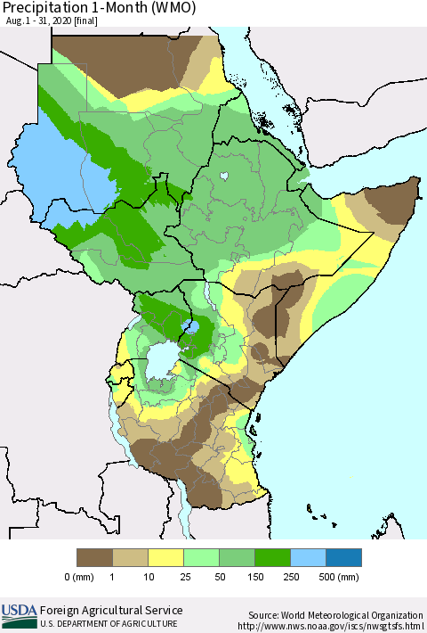 Eastern Africa Precipitation 1-Month (WMO) Thematic Map For 8/1/2020 - 8/31/2020