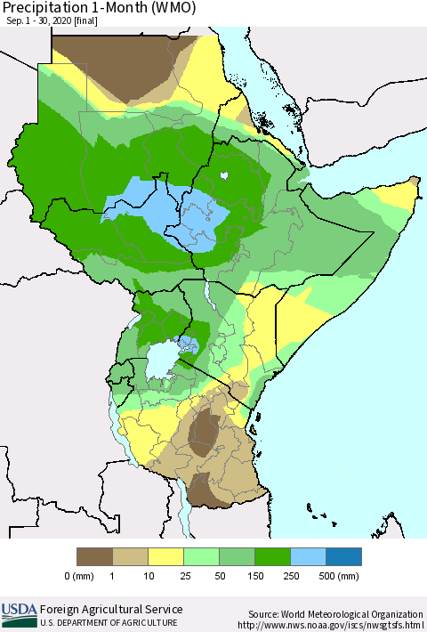 Eastern Africa Precipitation 1-Month (WMO) Thematic Map For 9/1/2020 - 9/30/2020