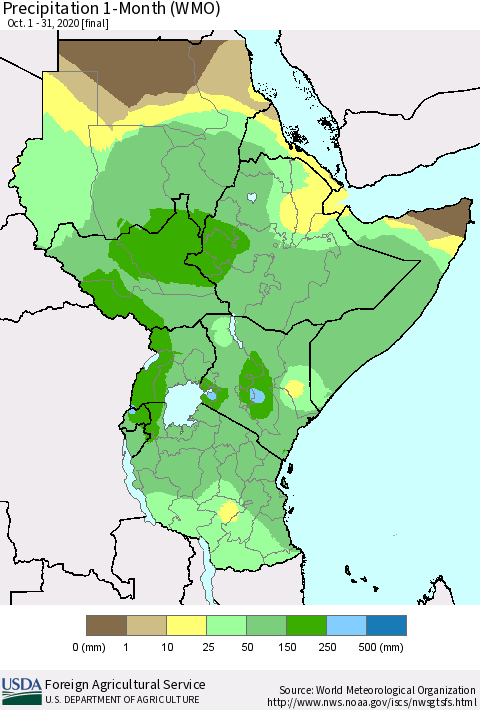 Eastern Africa Precipitation 1-Month (WMO) Thematic Map For 10/1/2020 - 10/31/2020