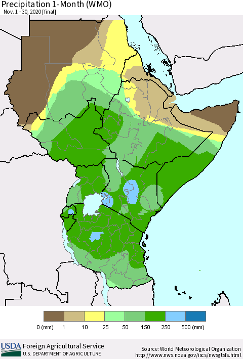 Eastern Africa Precipitation 1-Month (WMO) Thematic Map For 11/1/2020 - 11/30/2020