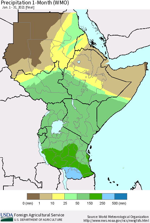 Eastern Africa Precipitation 1-Month (WMO) Thematic Map For 1/1/2021 - 1/31/2021