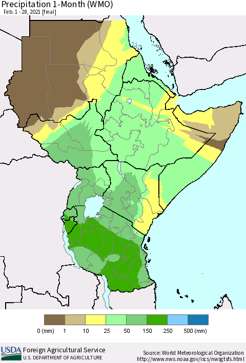 Eastern Africa Precipitation 1-Month (WMO) Thematic Map For 2/1/2021 - 2/28/2021