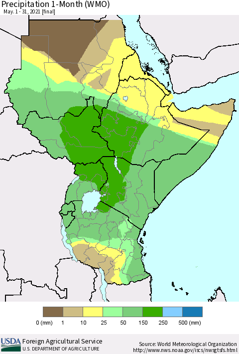 Eastern Africa Precipitation 1-Month (WMO) Thematic Map For 5/1/2021 - 5/31/2021