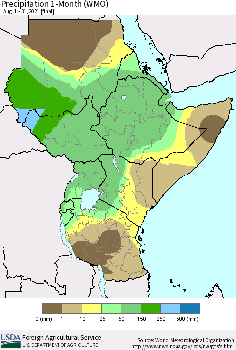 Eastern Africa Precipitation 1-Month (WMO) Thematic Map For 8/1/2021 - 8/31/2021