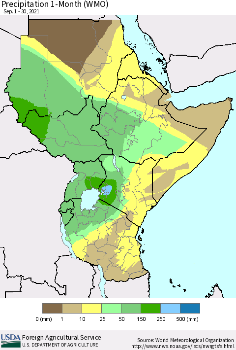 Eastern Africa Precipitation 1-Month (WMO) Thematic Map For 9/1/2021 - 9/30/2021