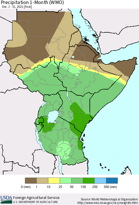 Eastern Africa Precipitation 1-Month (WMO) Thematic Map For 12/1/2021 - 12/31/2021
