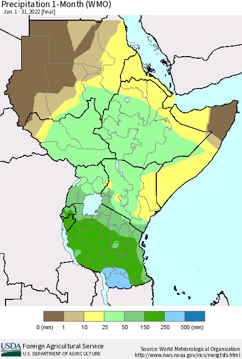 Eastern Africa Precipitation 1-Month (WMO) Thematic Map For 1/1/2022 - 1/31/2022