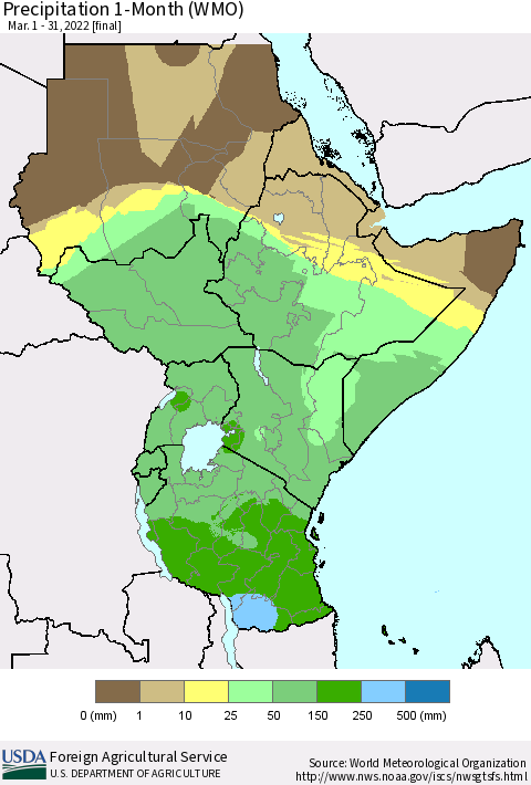 Eastern Africa Precipitation 1-Month (WMO) Thematic Map For 3/1/2022 - 3/31/2022
