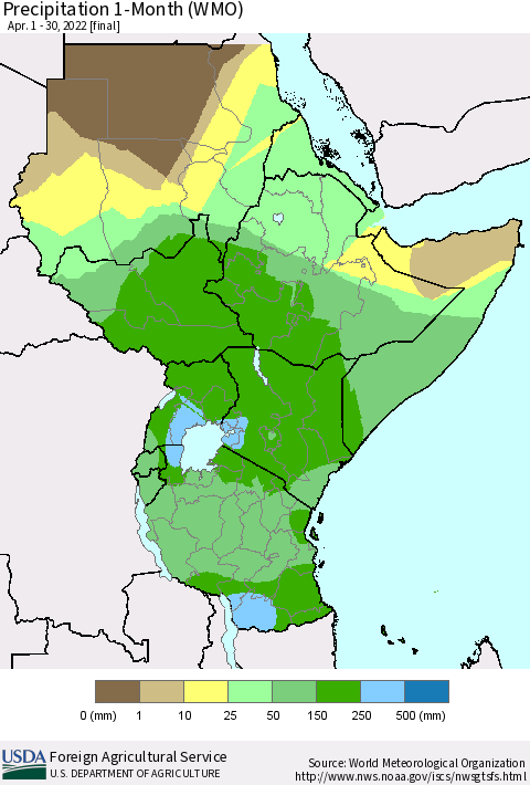 Eastern Africa Precipitation 1-Month (WMO) Thematic Map For 4/1/2022 - 4/30/2022