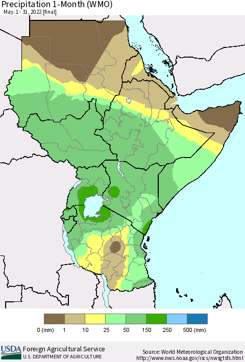 Eastern Africa Precipitation 1-Month (WMO) Thematic Map For 5/1/2022 - 5/31/2022