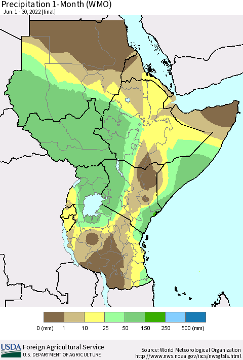 Eastern Africa Precipitation 1-Month (WMO) Thematic Map For 6/1/2022 - 6/30/2022