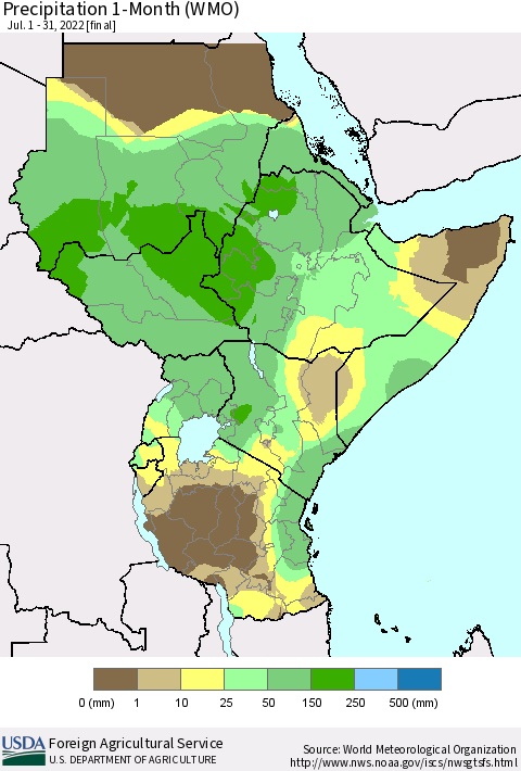Eastern Africa Precipitation 1-Month (WMO) Thematic Map For 7/1/2022 - 7/31/2022