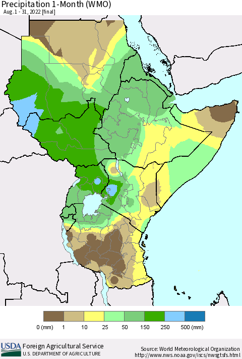 Eastern Africa Precipitation 1-Month (WMO) Thematic Map For 8/1/2022 - 8/31/2022