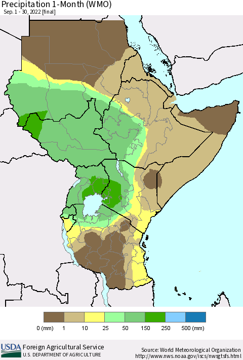 Eastern Africa Precipitation 1-Month (WMO) Thematic Map For 9/1/2022 - 9/30/2022
