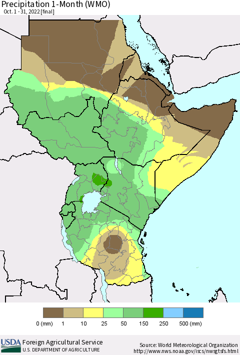 Eastern Africa Precipitation 1-Month (WMO) Thematic Map For 10/1/2022 - 10/31/2022