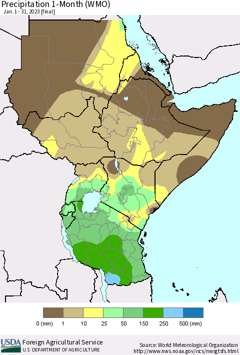 Eastern Africa Precipitation 1-Month (WMO) Thematic Map For 1/1/2023 - 1/31/2023