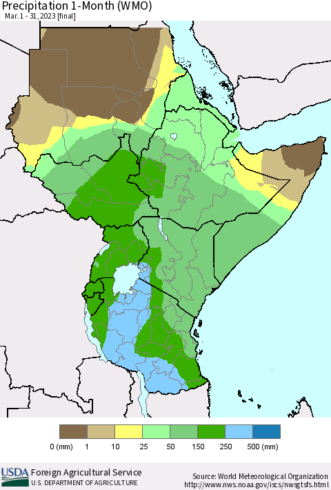 Eastern Africa Precipitation 1-Month (WMO) Thematic Map For 3/1/2023 - 3/31/2023