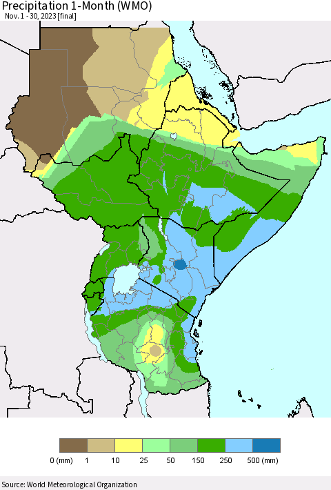 Eastern Africa Precipitation 1-Month (WMO) Thematic Map For 11/1/2023 - 11/30/2023