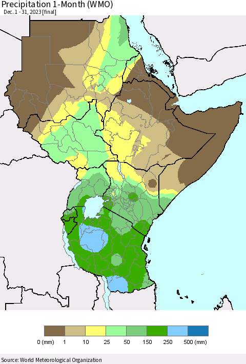 Eastern Africa Precipitation 1-Month (WMO) Thematic Map For 12/1/2023 - 12/31/2023