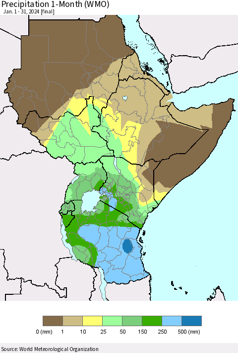 Eastern Africa Precipitation 1-Month (WMO) Thematic Map For 1/1/2024 - 1/31/2024